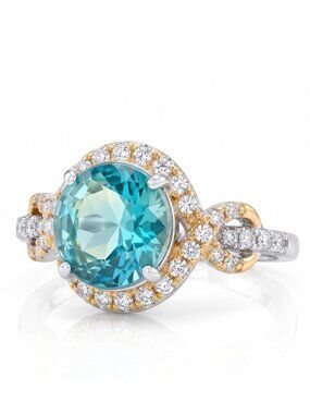 Blue & Teal Aquamarine Round Gemstone Ring, 925 Sterling Silver
